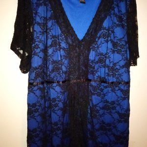 Pretty black lace over blue, short sleeve, women size  26/28.